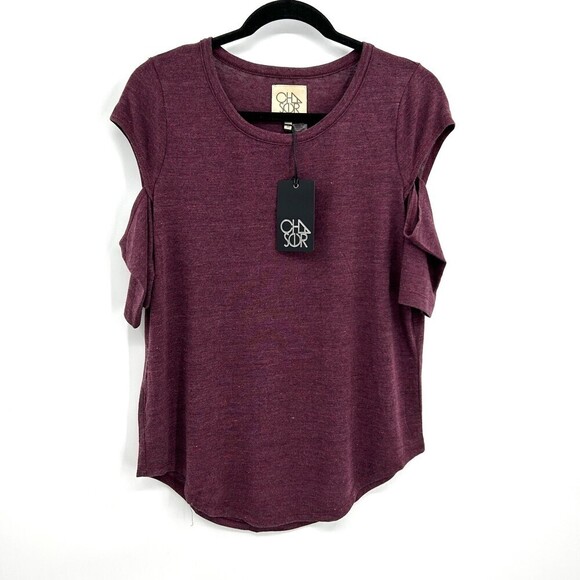 NWT CHASER Purple Burgundy Cold Shoulder Cut Out Slub Summer T-Shirt Size Medium - Picture 1 of 5